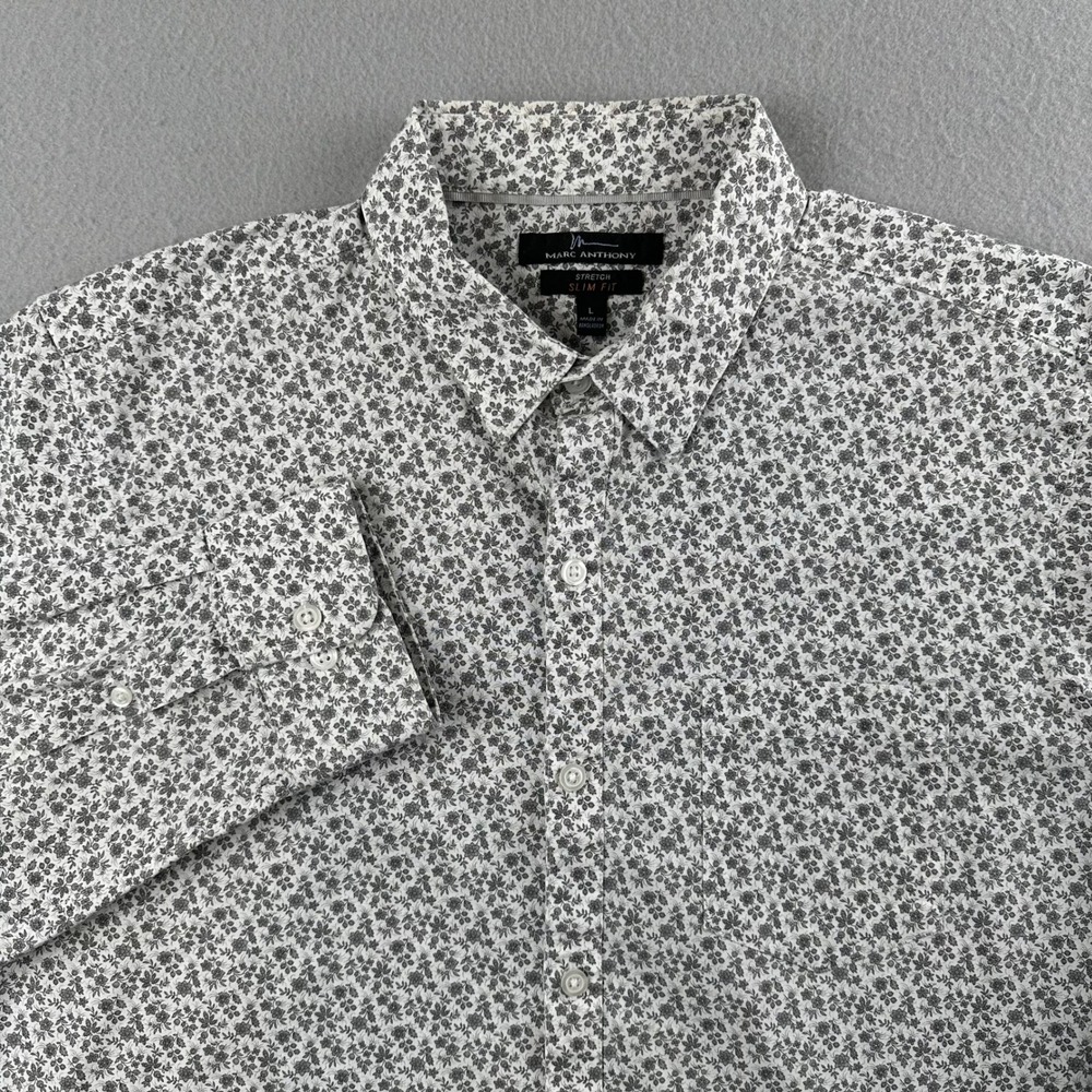 Marc Anthony Button Down Shirt Mens Large Grey Floral Stretch Slim Fit LS